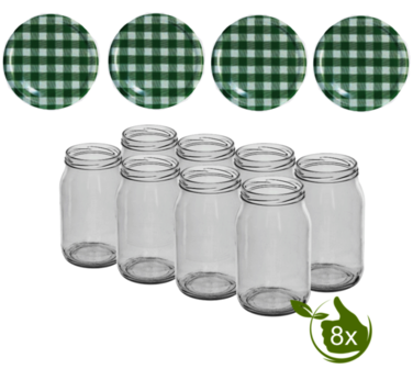 Glazenpotten 900 ml met twist-off deksel groen/wit blok design 8 stuks