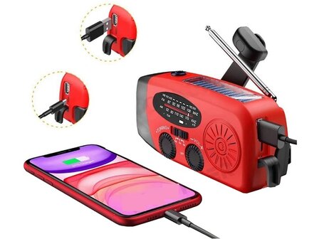 Noodradio opgeladen met een slinger, zonnepaneel of USB