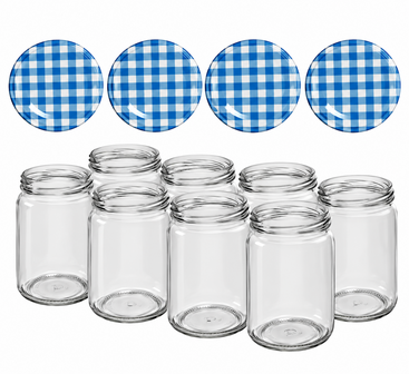 Glazenpotten 900 ml met twist-off deksel blauw/wit blok design 8 stuks
