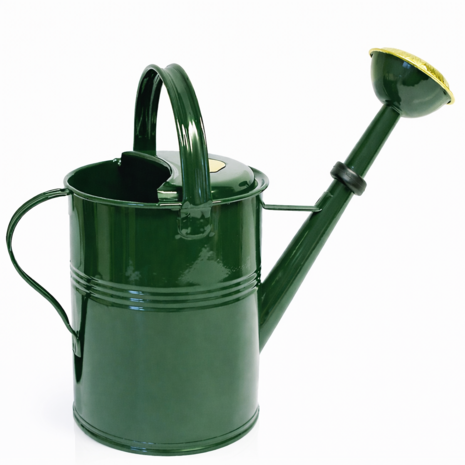 Authentieke groen gelakte gieter 9 liter met messing sproeikop