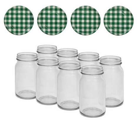 Canning jars 900 ml with twist-off lid green / white block design 8 pieces