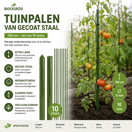 Bioogr&oacute;d tuinpalen - gecoat staal, 1,5 m, &Oslash;11 mm, 10 stuks