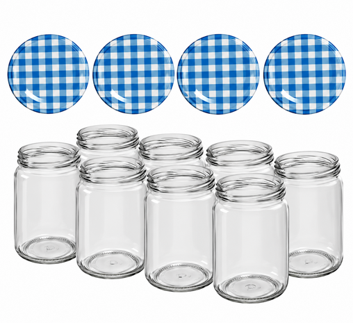 Glazenpotten 900 ml met twist-off deksel blauw/wit blok design 8 stuks