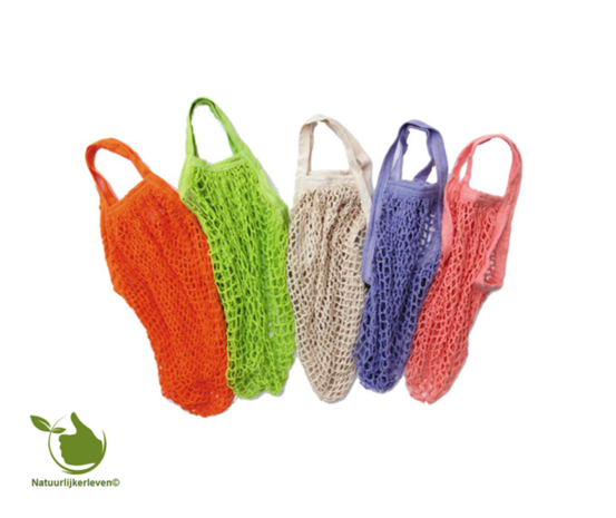 Boodschappentassen van biologisch katoen in diverse kleuren.